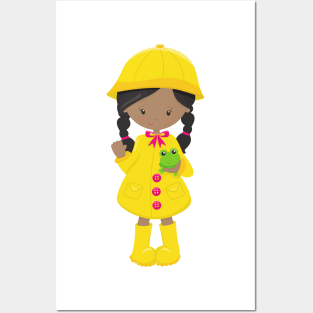 African American Girl, Raincoat, Rain, Boots, Frog Posters and Art